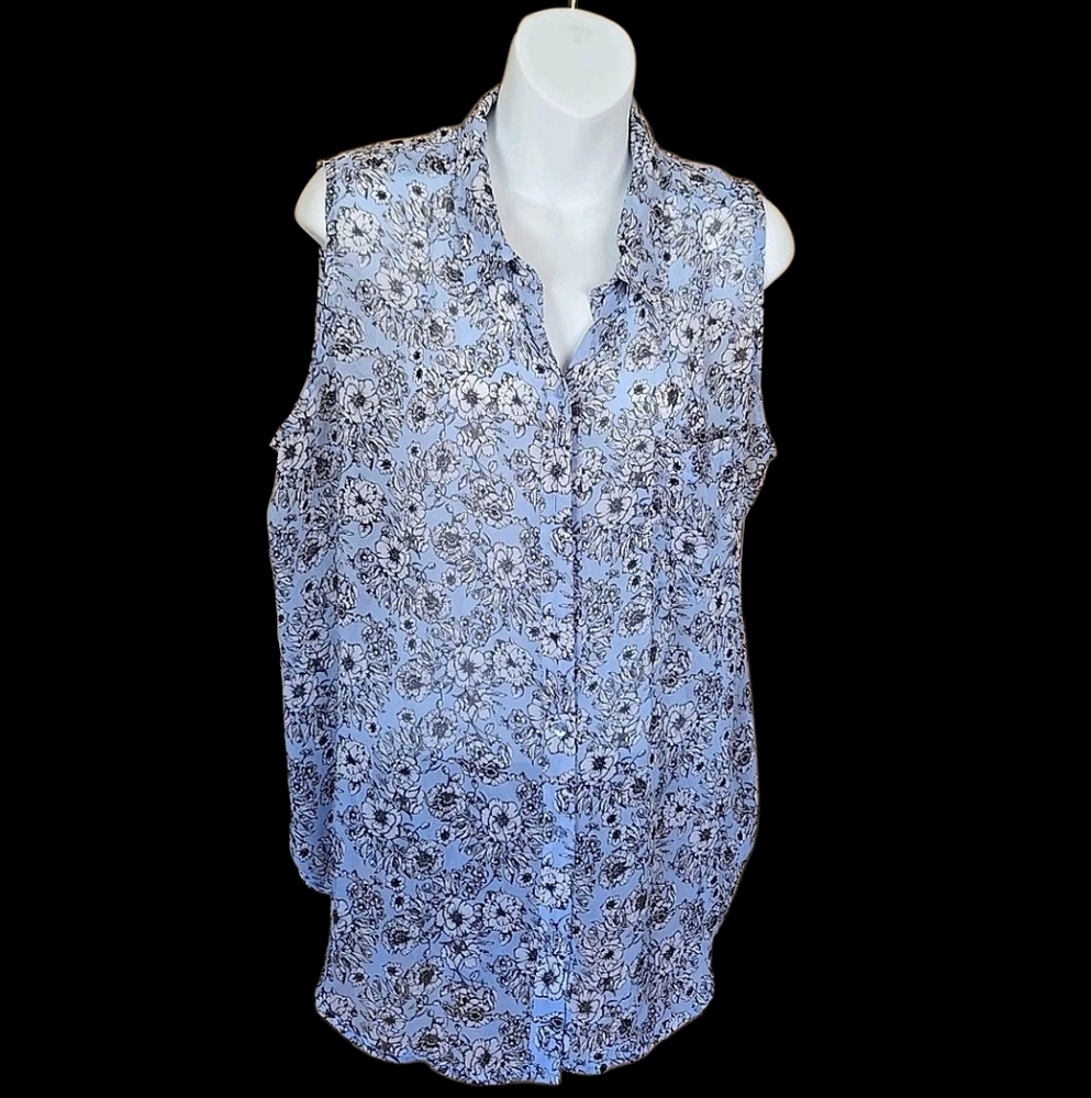 Liz Claiborne Sleeveless Button Up Blue Floral Sheer Chiffon  Top Blouse XL